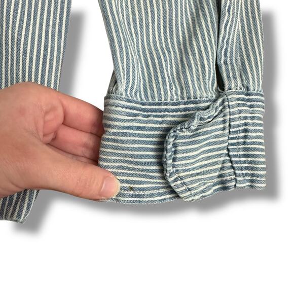 GAP Blue White Railroad Stripe Utility Jacket L Zip Front Waist Chore Coat - Picture 7 of 10
